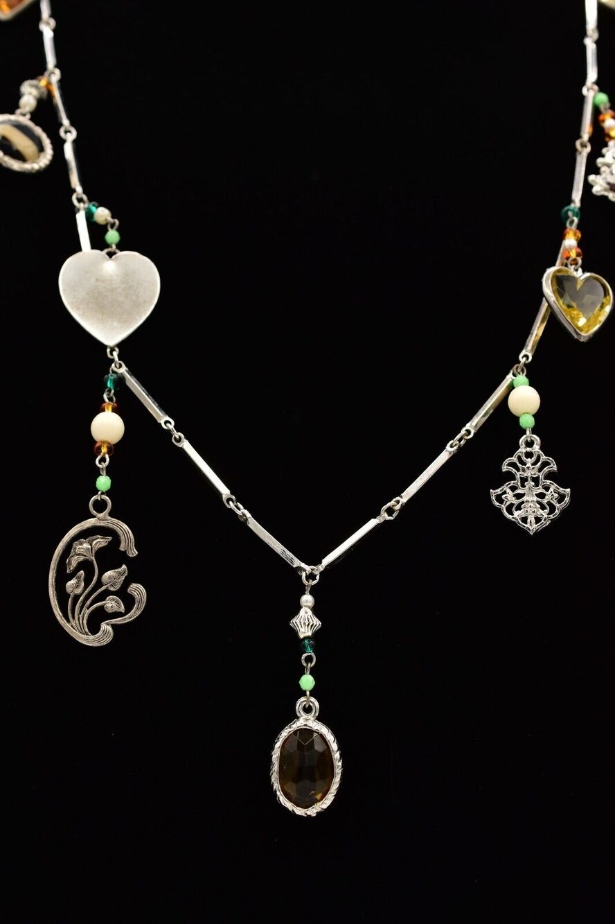 Vintage Heart Charm Necklace Dangle Open Bezel Crystal Silver Tone Chain BinA17